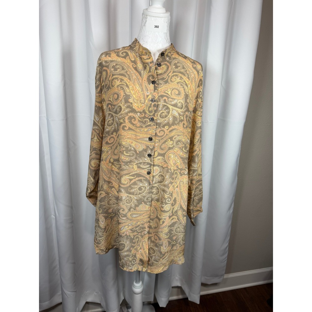 Silx 100% Silk Paisley Tunic Shirt Brown Orange Mandarin Collar Plus Size 1X